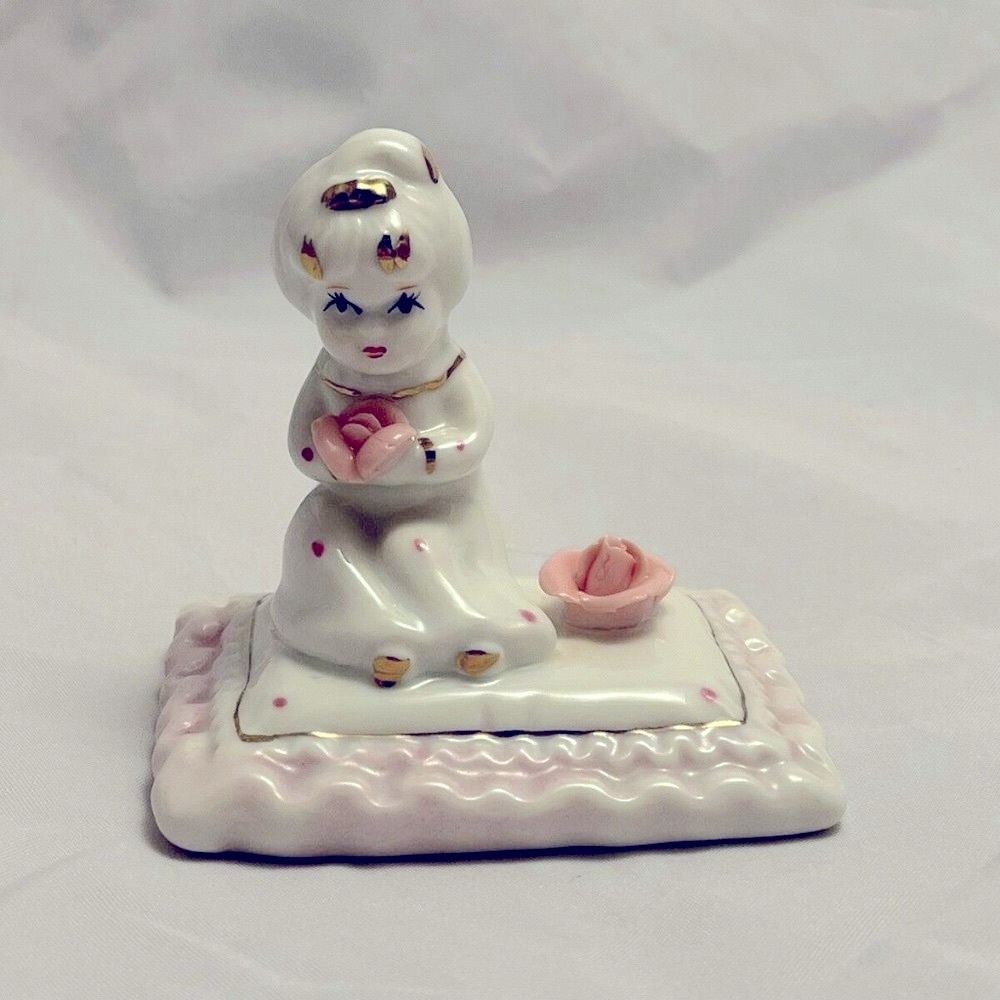 Girl on Pillow w/ Pink Rose & Gold Accents Figurine, Vintage EUC